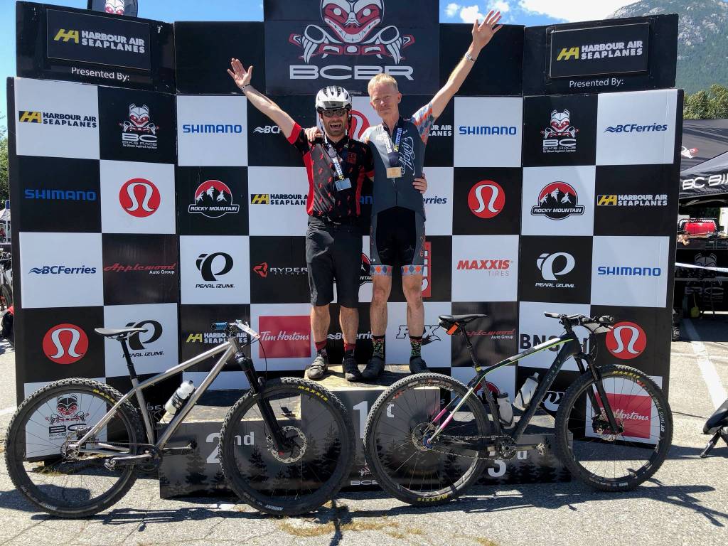 Powell Jones celebrates at the finish with the only other single speeder at the race, Kevin Claus. Photo courtesy of Powell Jones
