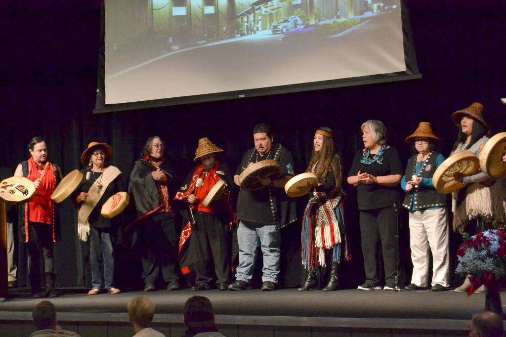 Tribal citizens with the Jamestown SKlallam Tribe share a song with an audience for the ceremonial groundbreaking of 7 Cedars Casinos new resort. Sequim Gazette photos by Matthew Nash