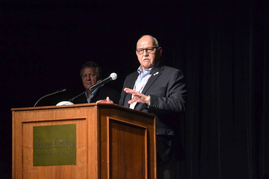 Ron Allen, Jamestown SKlallam Tribal Council chairman, told an audience of more than 150 people that the eventual product you see here will reflect who we are, reflect the beauty and pristine of the Olympic Peninsula. Sequim Gazette photo by Matthew Nash