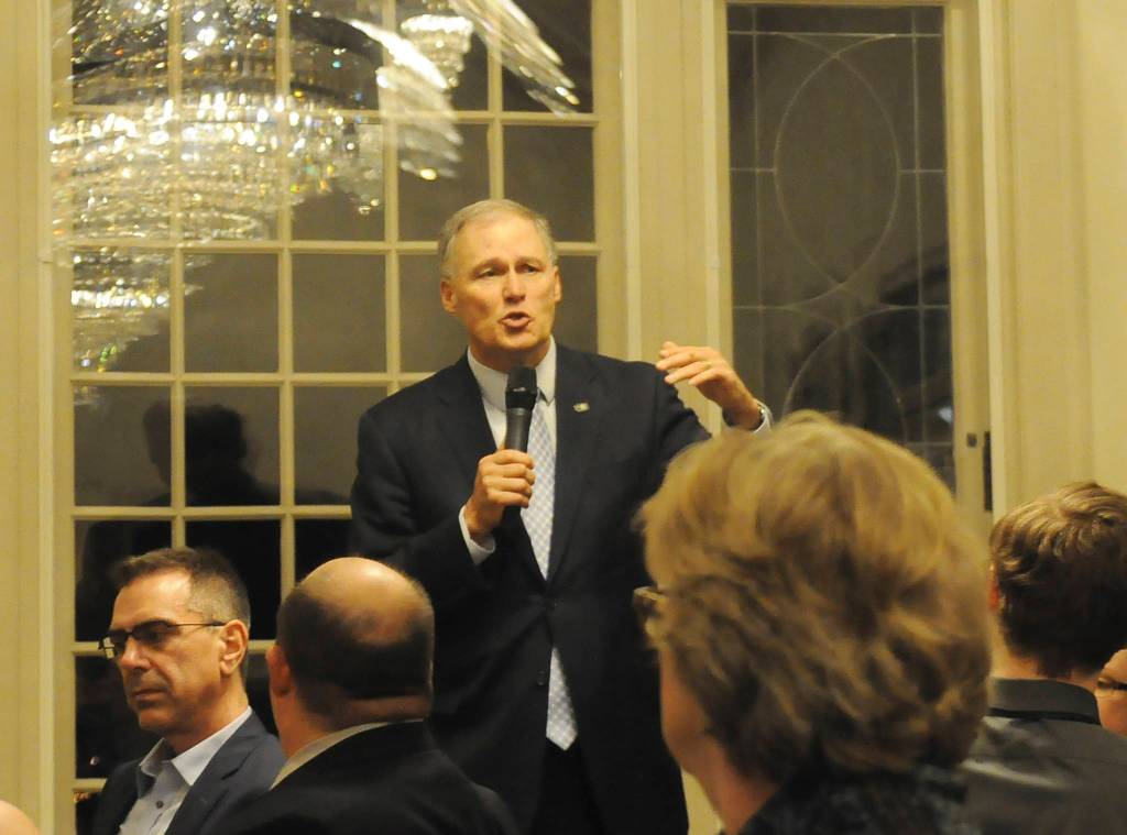 Gov. Jay Inslee talks with members of the media at the Governors mansion in Olympia in February 2018. Inslee announced last week he is running for Presidency of the United States. Sequim Gazette file photo by Michael Dashiell