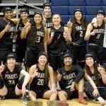 Rick Ross The Peninsula womens basketball team celebrates their North Region championship after beating Bellevue College on Saturday 82-57.