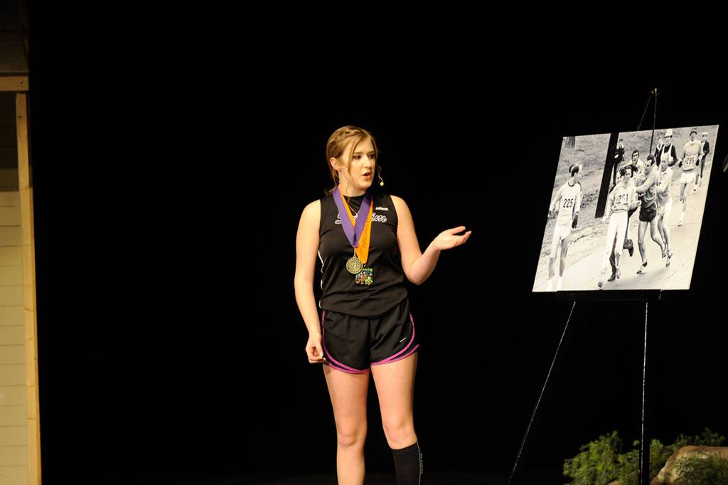 Soon-to-be crowned Queen Emily Silva explains her passion for running and how runner Kathrine Switzer, the first woman to run the Boston Marathon, influenced her. Sequim Gazette photo by Matthew Nash