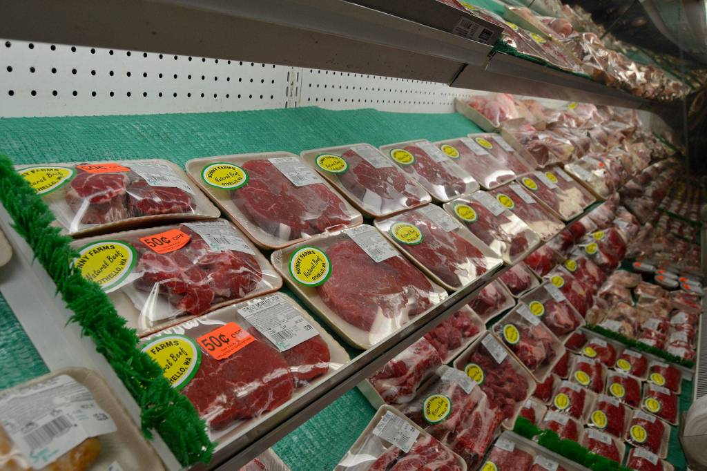 In recent months, Sunny Farms Country Store switched to new containers for meat and other products. General manager Todd Thomas said the material breaks down faster in hot compost compared to Styrofoam in landfills and that staff continue to look into other methods for the stores packaging options. Sequim Gazette photo by Matthew Nash