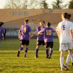 Sequims Ryan Tolberd, center, celebrates a first half goal with teammates Adrian Funston (9) and Mathys Tanche (10), as Sequim routs North Kitsap 6-0 on March 20. Sequim Gazette photo by Michael Dashiell