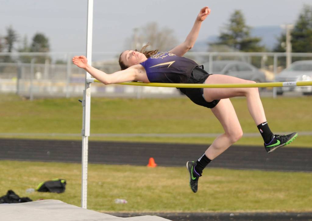 Sequims Abby Schroeder looks to clear 5 feet 3 inches in the high jump on March 21. Schroeder, a sophomore, won the event with that mark is is just two inches shy of tying the school record. Sequim Gazette photo by Michael Dashiell