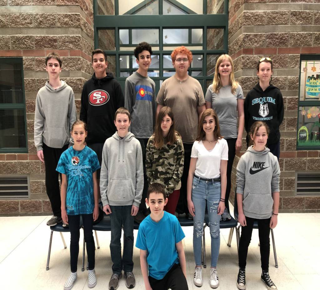 Sequim Middle School Catalysts for Term 3 include (back row, from left) Dwight Anglin, Lars Wiker, Ashton Drew, Michael Soto, Madylin Bennett and Alex Fiamengo, Front row from left) Taryn Johnson, Cohen Riley, Allyssa Thayer, Auna Rich and Marli Gagner, and (kneeling) Austin Jackson. Submitted photo