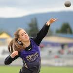 Sequims Hope Glasser competes in the shot put at an SHS home meet on April 11. Glasser placed sixth with a personal best 24-foot, 6-inch throw. Sequim Gazette photo by Michael Dashiell