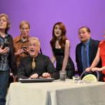 The cast of First Date, from left, Victoria Miller, Dan DePrez, Greg Scherer, Alison Cobb, Austin Krieg, and Emma Jane Garcia warn viewers about having an online presence while dating in the musical number The World Wide Web Is Forever. Sequim Gazette photo by Matthew Nash