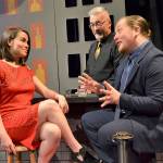 In First Date Casey (Emma Jane Garcia) and Aaron (Austin Krieg) breakdown their lives and stereotypes during a blind date as the waiter (Greg Scherer) listens in. The show runs at Olympic Theatre Arts April 26-May 12. Sequim Gazette photo by Matthew Nash