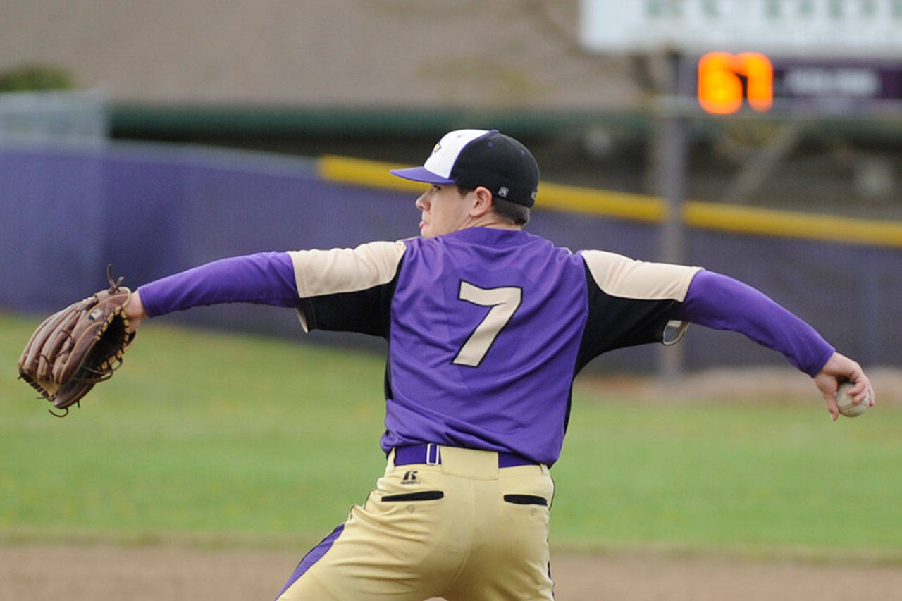Sequims Silas Thomas pitches against the Port Angeles Roughriders in the Wolves 7-1 loss on April 19. Sequim Gazette photo by Michael Dashiell