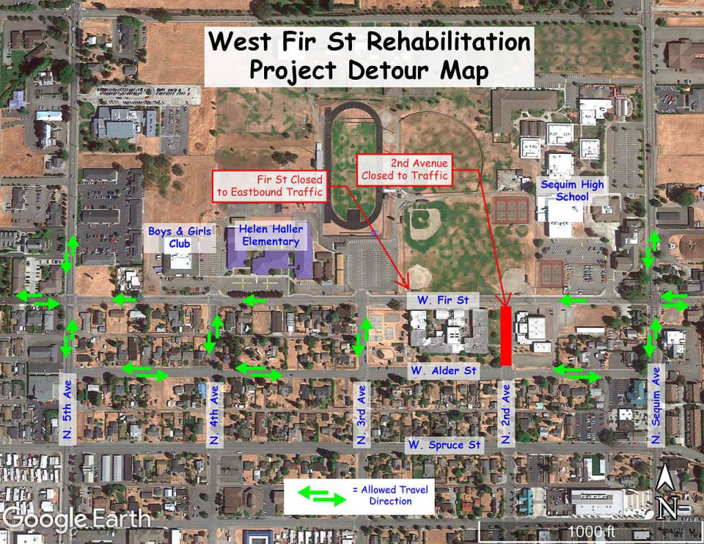 During construction of the West Fir Street Rehabilitation, drivers along Fir Street can expect North Second Avenue between Alder and Fir streets to close through December 2020. Eastbound driving likely will close between Sequim Avenue and Fifth Avenue for much of the construction, too. Photo courtesy of the City of Sequim
