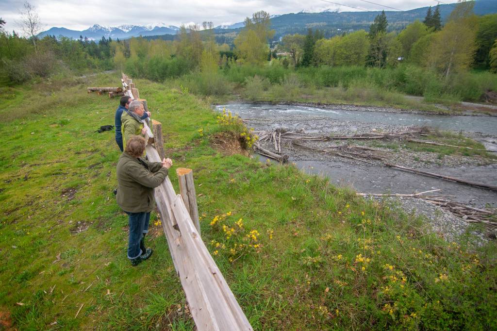 Officials look down at the Dungeness River during a tour of the site of the proposed Dungeness Off-Channel Reservoir on April 22. Photo by Jesse Major/Olympic Peninsula News Group