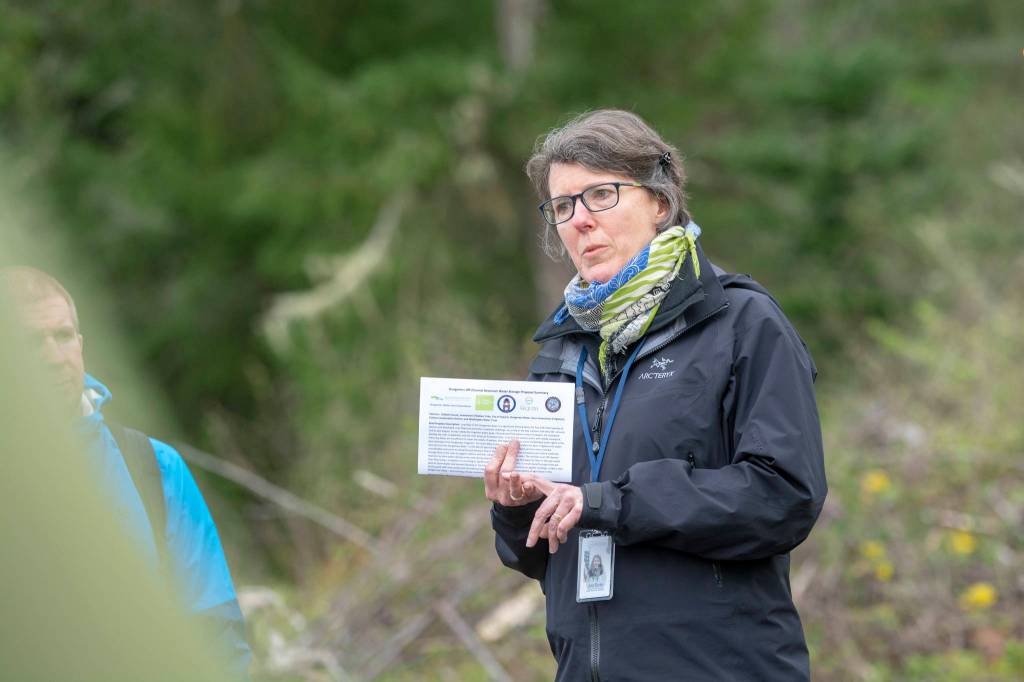 Ann Soule, resource manager for the City of Sequim, discusses the Dungeness Off-Channel Reservoir during a tour of the site of the proposed project on April 22. Photo by Jesse Major/Peninsula Daily News