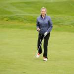 Sequims JoNell Hill gives a little fist pump after recording a 4 on the first hole at The Cedars at Dungeness on April 23. Hill placed sixth in the league match with a 52. Sequim Gazette photo by Michael Dashiell