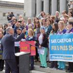 Gov. Jay Inslee speaks to protesting nurses on Wednesday, April 24. Inslee spoke on how important breaks are for both workers and patient care. Inslee indicated he would sign it into law if it passes both chambers. Photo by Emma Epperly/WNPA Olympia News Bureau