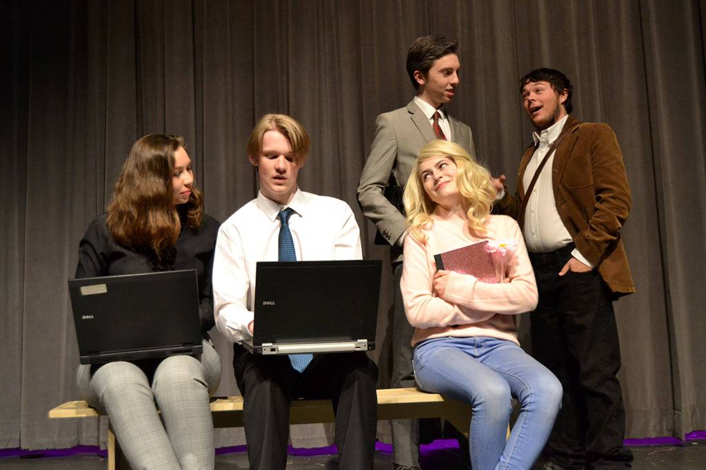 On her quest to win back Warner (Jonathan Heintz, second from left) from Vivienne (Maggie van Dyken, on left,) Elle (Maddy Dietzman) enrolls in Harvard Law School and must help at an integral time of a murder trial for Professor Callahan (Mikhail Ostrovsky) and Emmett Forrest (Caleb DeMott). Sequim Gazette photo by Matthew Nash