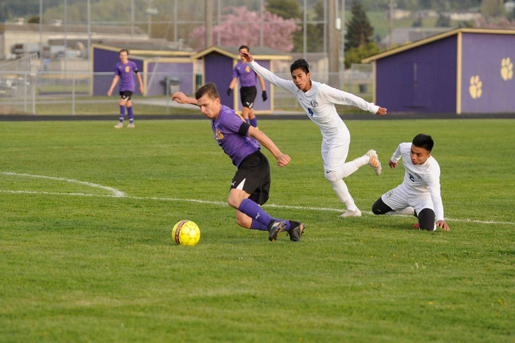 Mathys Tanche drives through North Mason players to help the Wolves win 7-0. Sequim Gazette photo by Matthew Nash