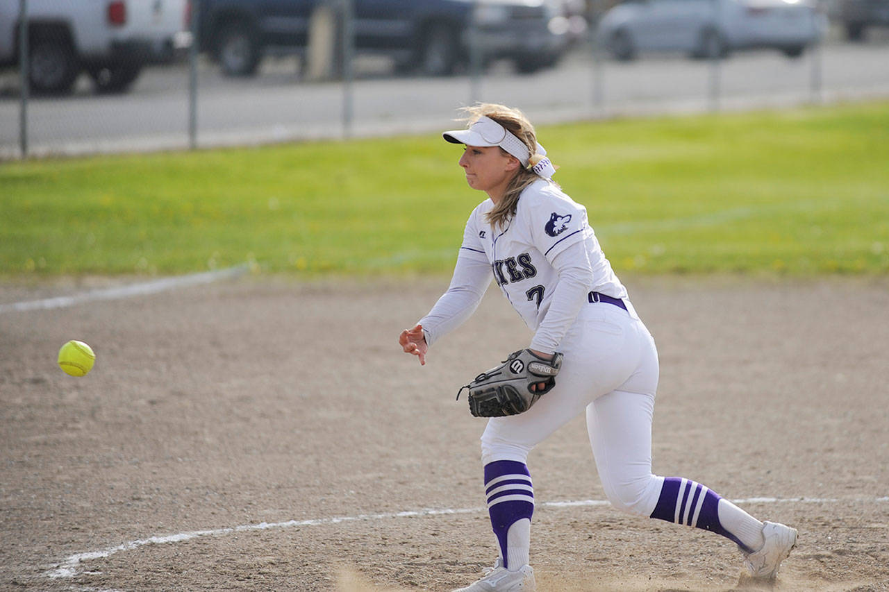 Sequim High senior Isabelle Dennis pitches in the fourth inning of the Wolves rout of Kingston on April 26. Sequim Gazette photo by Michael Dashiell