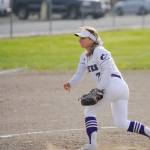 Sequim High senior Isabelle Dennis pitches in the fourth inning of the Wolves rout of Kingston on April 26. Sequim Gazette photo by Michael Dashiell