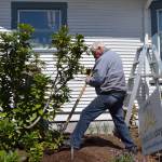 Garry Kispert, right, and David Lyon, both with Sequim Community Church, dig out weeds at the Sequim-Dungeness Hospital Guild Thrift Shop for Sequim Beautiful Day. Sequim Gazette photo by Matthew Nash