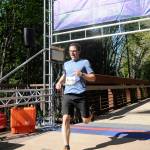 Evan Prussack of Port Angeles crosses the finish line of the Railroad Bridge 10k in 40:00 to win the inaugural event, held at Railroad Bridge Park on April 27. Sequim Gazette photo by Michael Dashiell