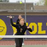 Sequims Jessica Dietzman, front, and Kalli Wiker knock off a North Kitsap foe in an Olympic League match on April 23. Sequim Gazette file photo by Michael Dashiell