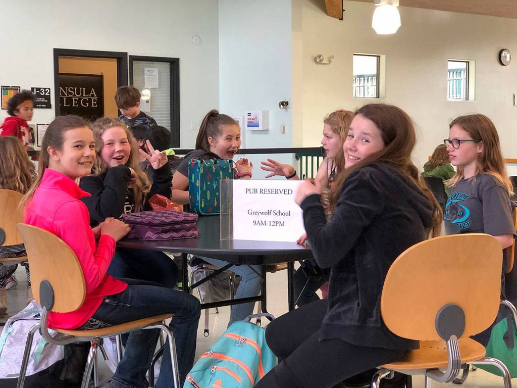 Greywolf students (from left) Rachel McDougal, Taylor Hancock, Kendra Dodson, Audriahna Galyean-Roberson, Ava Gartley and Riley Doig visit the Peninsula College campus. Photo by Teresa Iversen