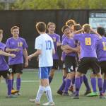 Sequim teammates celebrate Sean Webers first half score in a 4-2 district playoff win over Washington on May 7. Webers was a key score, knotting the game at 2-2. SHSs Ryan Tolberd added a goal just before the halftime whistle to give the Wolves a 3-2 lead at intermission. Sequim Gazette photo by Michael Dashiell