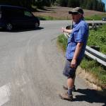 Richard Bloomer describes the tricky detour around the washed-out Dean Creek Bridge that takes bicyclists onto the U.S. Highway 101 shoulder. Sequim Gazette photo by Conor Dowley.