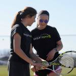 Jessica Dietzman, left, and Kalli Wiker, pictured here in between points in a league match in March, are headed back to the state 2A tennis tourney in Seattle this week. Last year the pair placed second. Sequim Gazette file photo by Michael Dashiell