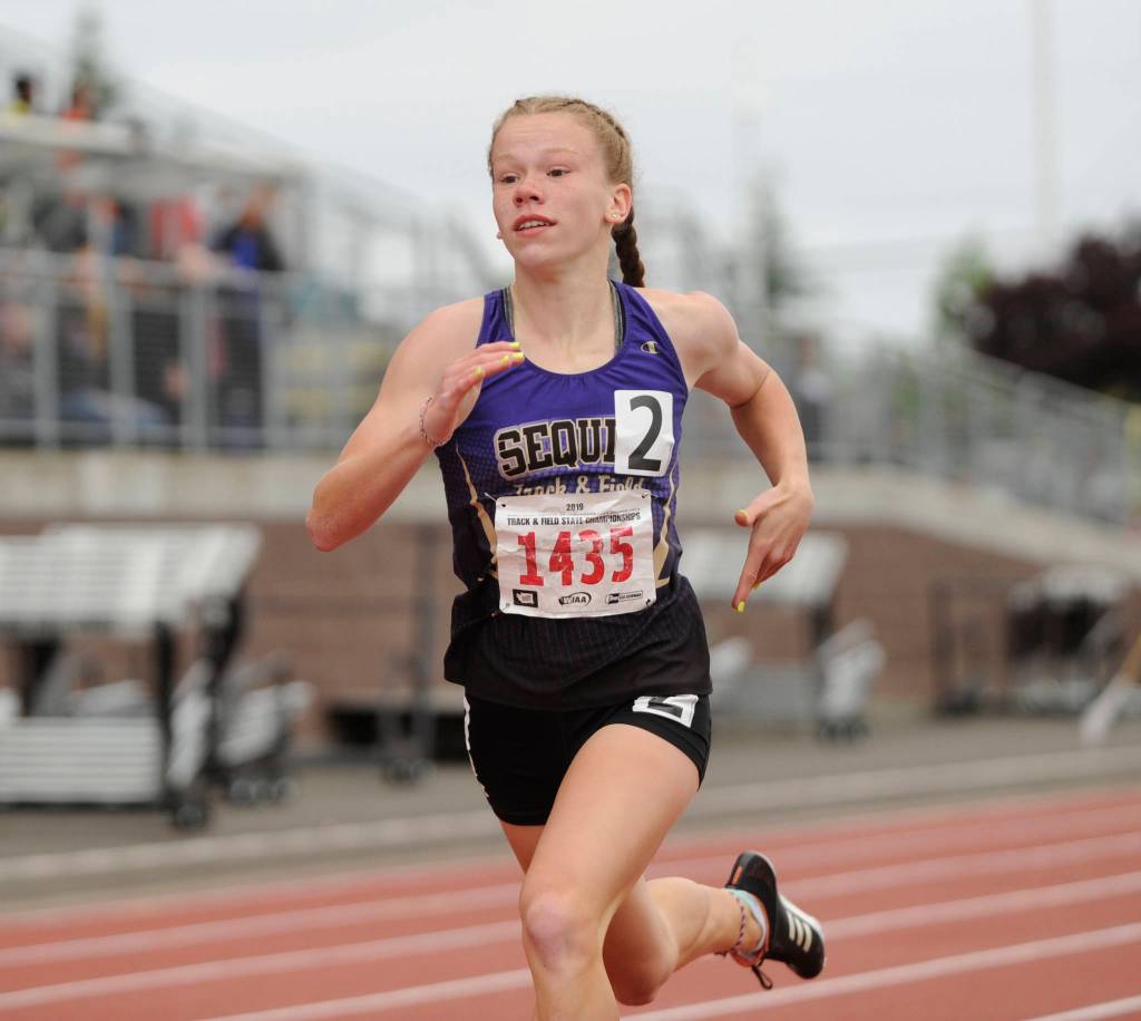 Sequim High freshman Riley Pyeatt races in the preliminaries of the 200 meters at the state 2A track and field championships in Tacoma on May 24. Pyeatt placed fifth in the 400-meter race. Sequim Gazette photo by Michael Dashiell