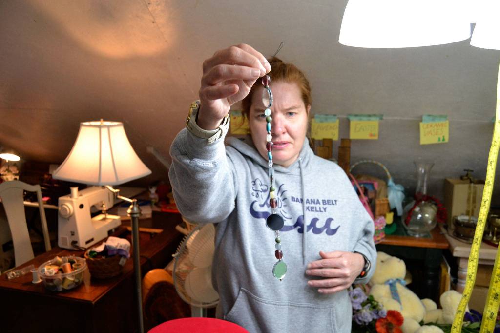 Some of the items Kelly Yarnes sells in her shop Banana Belt Kelly include handmade items like these garden suncatchers. Sequim Gazette photo by Matthew Nash