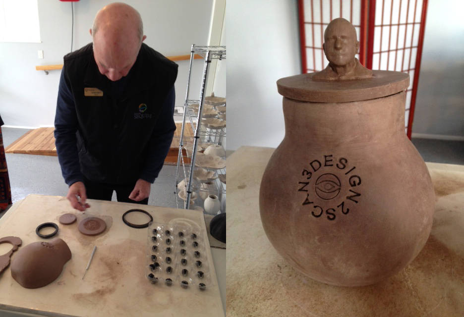 Design2Scan3D, at 207 W Spruce St., showcases earthenware olla-making classes during the First Friday Art Walk. Pictured here, Sequim mayor Dennis Smith looks at a piece created using his image. Submitted photos