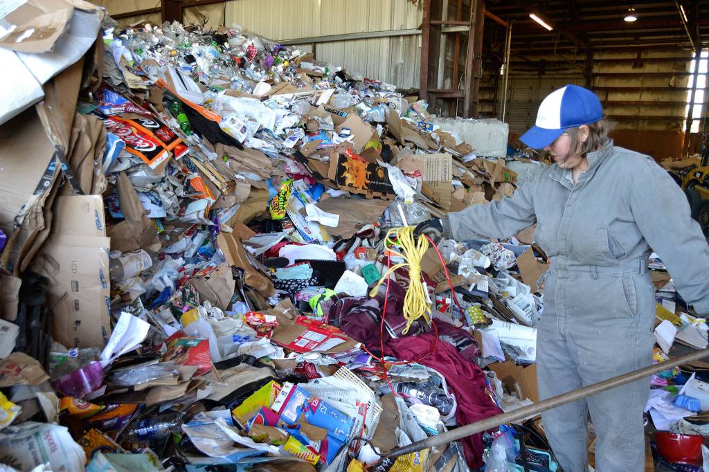 Rope, blankets and many more non-recyclable items ended up in the recycling stream on May 31 as discovered by Meggan Uecker, Clallam County solid waste coordinator, and other county staff and volunteers during a recycling audit. Sequim Gazette photo by Matthew Nash