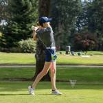 Sequim High 2017 graduate Alex McMenamin tees off for the George Fox Bruins. Photo courtesy of George Fox Sports Marketing
