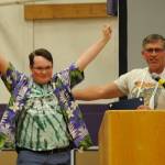 Sequim High senior Ben Logan receives the SHS CTE (career and technical education) award from SHS teacher Brad Moore at a Senior Recognition Assembly on May 31. Sequim Gazette photo by Michael Dashiell