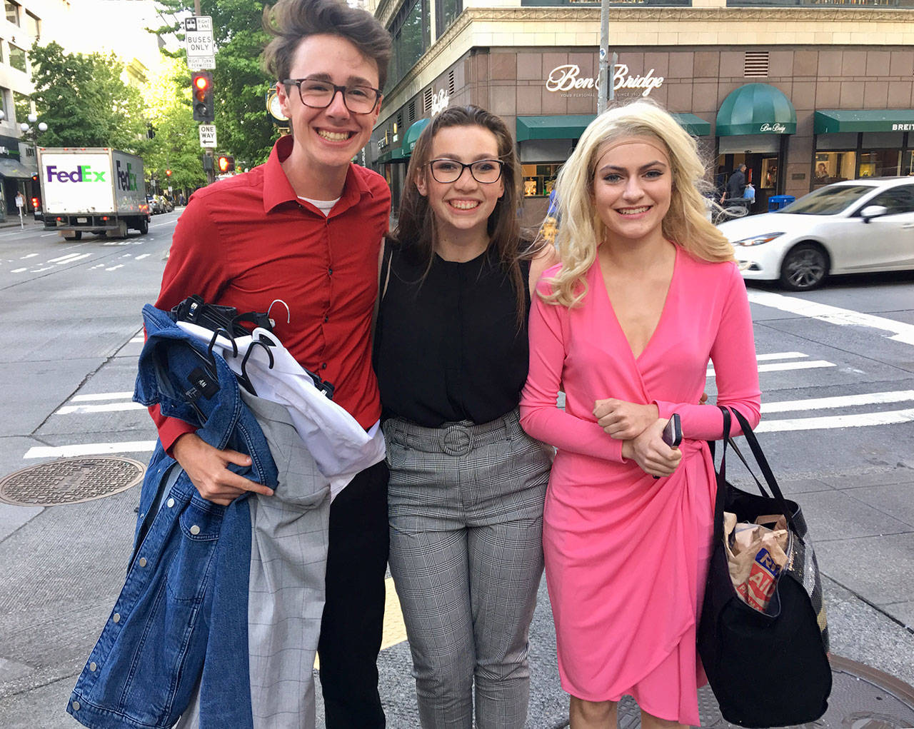 For The 5th Avenue Theatre Awards, Sequim High students and actors for Legally Blonde, from left, Damon Little, Maggie van Dyken, and Maddy Dietzman performed on June 3 during the show. Sequims operetta received five nominations. Photo courtesy of Linda Dowdell