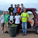 On July 10, Sequim-Shiso City Student Exchange students, chaperones and staff with the City of Sequim cleaned up a softball field as part of the Shiso City Student Exchange Park-A-Thon fundraiser. Students will also paint dog park obstacles on July 17. Participants included, from front left, Jennifer Imholt, parent chaperone, Jackson Imholt, 14, Ayden Humphries, 14, Calem Klinger, 14, Gary Butler, Sequim parks maintenance worker; top from left, Angel Wagner, 13, Kari Olson, 14, Anastasia Updike, 14, and Karlie Viada, 14. Not pictured students Julia Jack, Danika Chen and Ruby Coulson, and chaperones Jon Jack and Vicki Kingsolver. Sequim Gazette photo by Matthew Nash