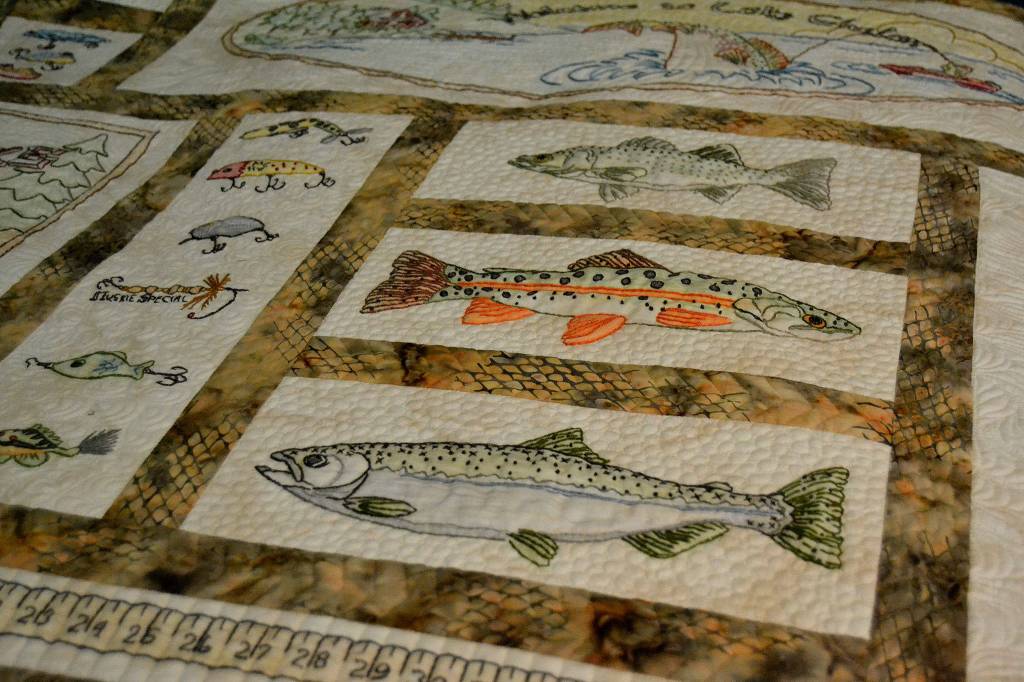 A newer technique for Karen Clatanoff includes using crayons to color sections of her quilts and embroider around them to accent the colors. Sequim Gazette photo by Matthew Nash