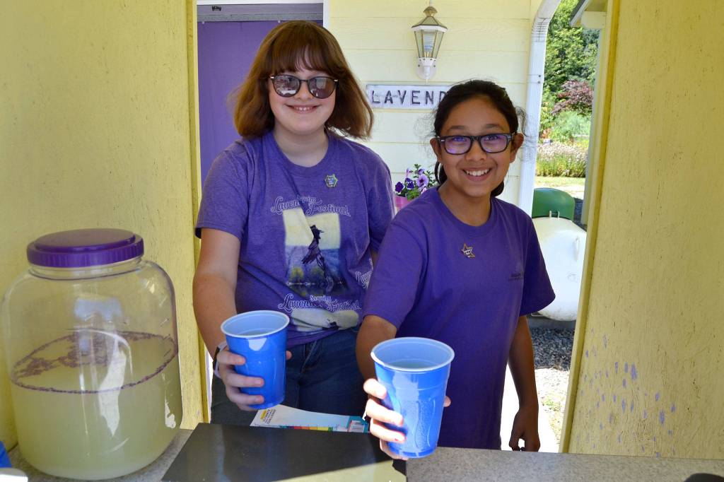 Tilly Lundstrom and Ali Edgecombe serve up lavender lemonade at Nelsons Duckpond & Lavender Farm with sales benefiting the Sequim Food Bank. Tilly, 14 now, has been donating her proceeds each Sequim Lavender Festival to various nonprofits in the community since she was 5. Sequim Gazette photo by Matthew Nash