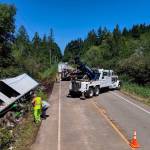 Road crews worked more than 12 hours to clear this trailer wreck that involved a Sequim man who was taken to Harborview Medical Center. Photo courtesy of Washington State Patrol