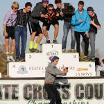 Mikey Cobb takes a selfie with teammates (from left, Wendall Lorenzen, CJ Daniels, Jackson Oliver, Chris Jeffko, Peter Ohnstad, Brendan Despain and Christian Ash) at the state 2014 cross country finals in 2014. The Wolves, under head coach Harold Huff, placed second overall, the best finish in the programs history. Sequim Gazette file photo by Michael Dashiell