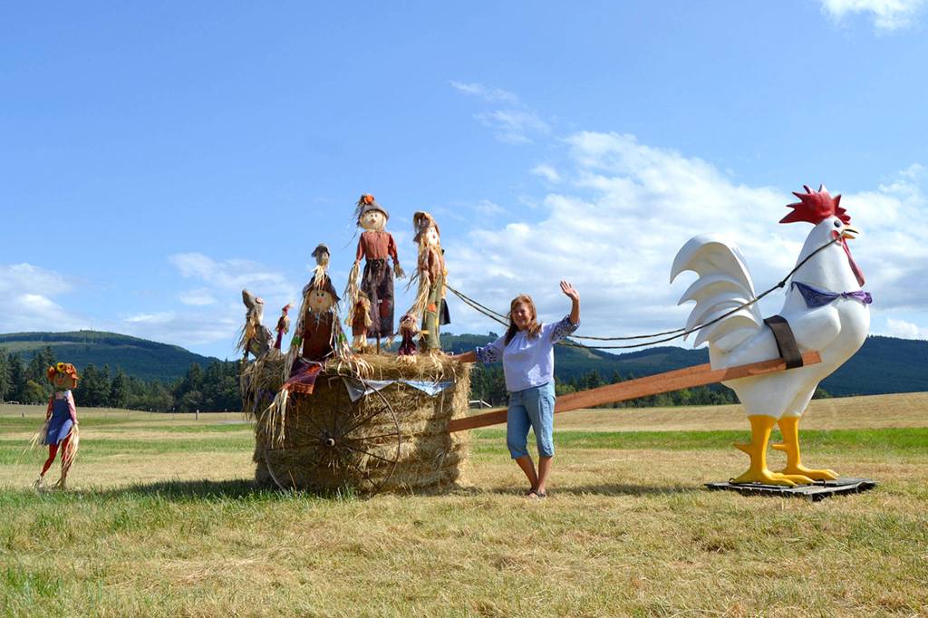 A rooster wagon is the latest creation by Trish Bekkevar at the Bekkevar Family Farm. Some of her favorite creations include display for her sons wedding, and a monster truck made of hay bails. Sequim Gazette photo by Matthew Nash