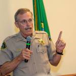 Clallam County Sheriff Bill Benedict tells the crowd at the Jamestown SKlallam Tribes town hall meeting last week that he visited the facility the tribes proposed medication-assisted treatment center is modeled after. (Jesse Major/Peninsula Daily News)