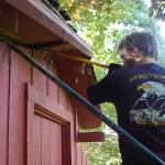 Eagle Scout candidate Ian Thill, back, and Dylan Washburn, front, lift up the first section of the Pioneer Memorial Park storage shed roof as part of Thills Eagle Scout project. This roof was in worse shape than we thought, Thill said.