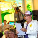 Jodi Wilke, a co-leader of Save our Sequim, speaks during the Jamestown SKlallam Tribes town hall meeting concerning its planned medication-assisted treatment center in Sequim on Aug. 8. (Jesse Major/Peninsula Daily News)