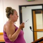 Katrina Haymaker, owner of Midway Metals, addresses the Clallam County Hearing Examiner during a hearing Thursday, Aug. 15. Photo by Jesse Major/Peninsula Daily News