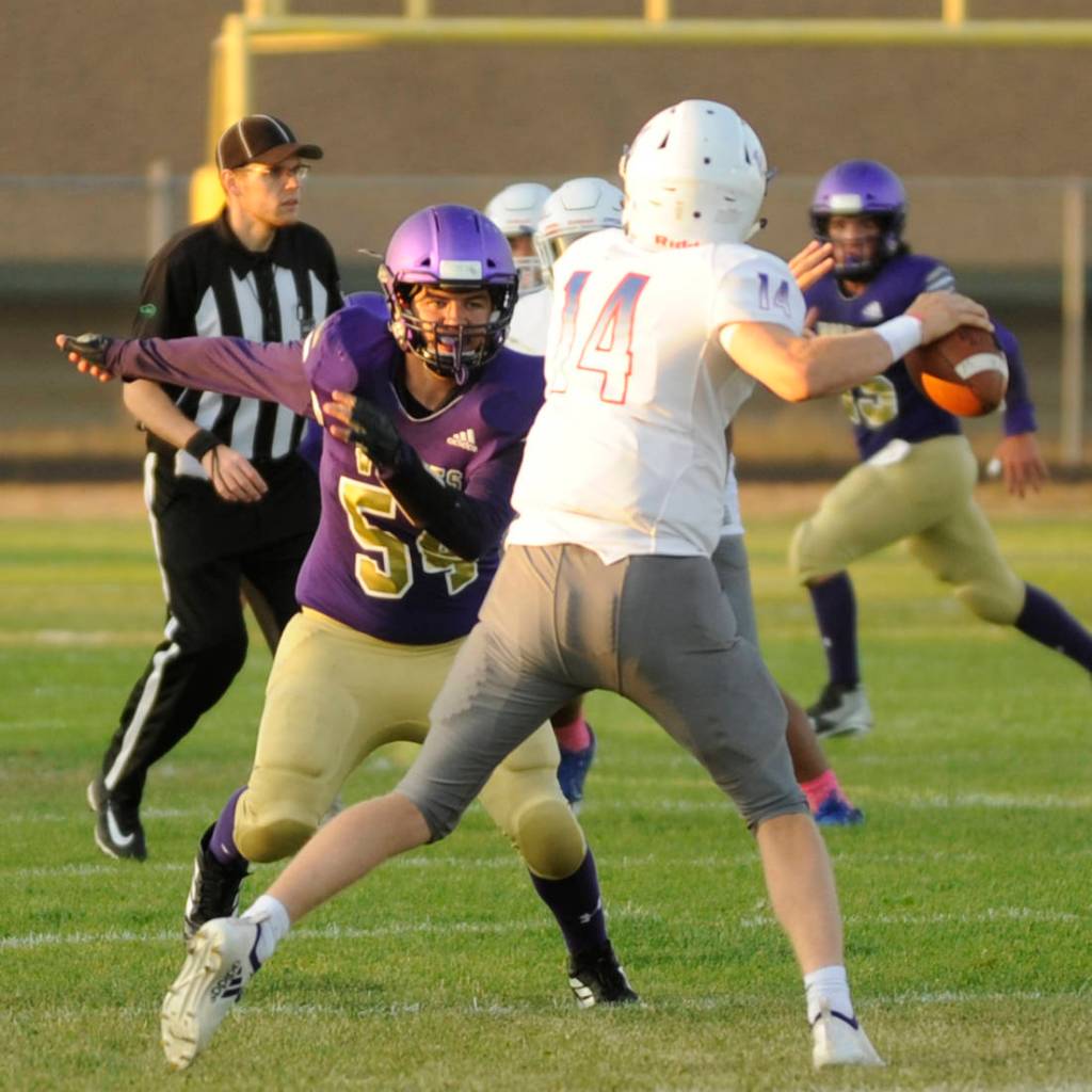 Beau Halverson of Sequim (54) looks to put a hit on Washington quarterback Austin Teague in the first half of a Sept. 6 non-league match-up in Sequim. The Wolves defense held Washington scoreless in the first half. Sequim Gazette photo by Michael Dashiell