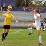 Sequims Daisy Ryan, left, heads a ball as the Wolves take on Lakewood in a non-league match to open the 2019 season on Sept. 7. The teams finished in a 1-1 draw; Ryan had the Wolves goal. Sequim Gazette photo by Michael Dashiell