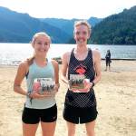 Kristina Randrup of Berkeley, Calif., and Keith Laverty of Bainbridge were the winners of the 2019 50K GOAT Run, held Saturday from Grannys Cafe to the northwestern shore of Crescent Lake. Laverty also won the 2018 Rhody Run, the 2018 North Olympic Discovery Marathon and this years NODM 10K event. Their ceramic awards were made by Gay Hunter. (Peninsula Adventure Sports)